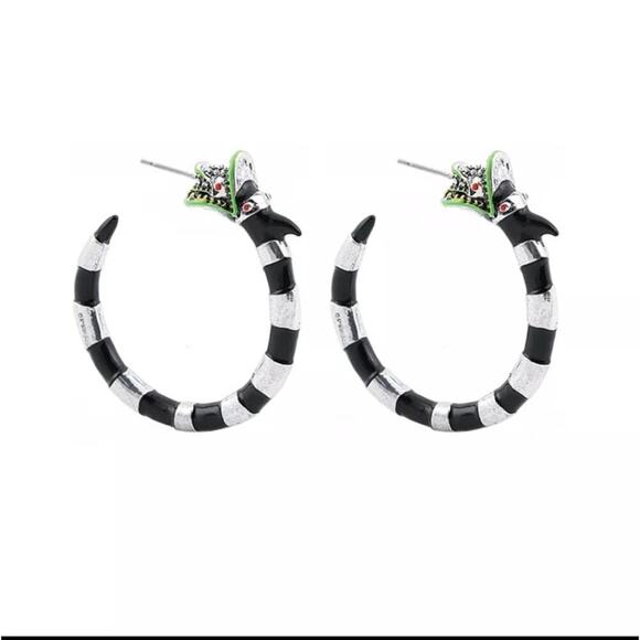 Beetlejuice sand worm hoop earrings, black silver and green, New - Picture 1 of 3